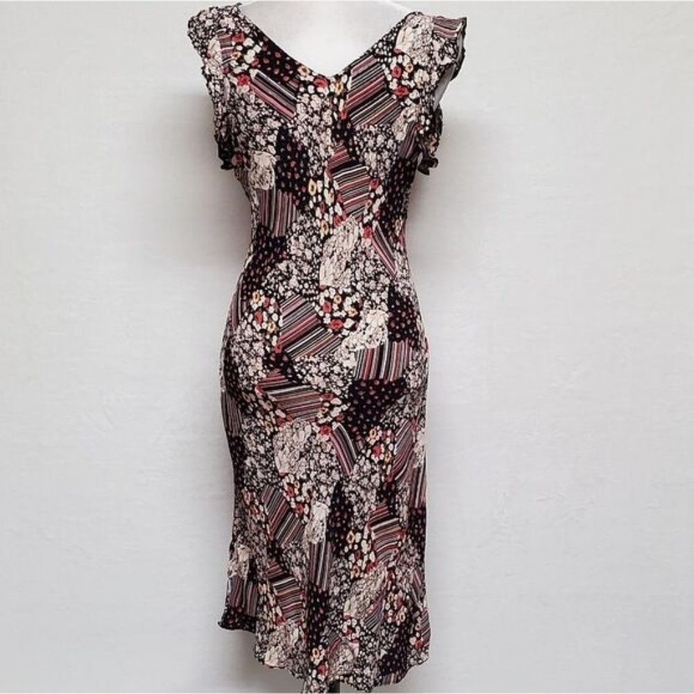 90s Vintage Her Style Floral Striped Faux Patchwork Butterfly Sleeve Midi Dress - Picture 11 of 16